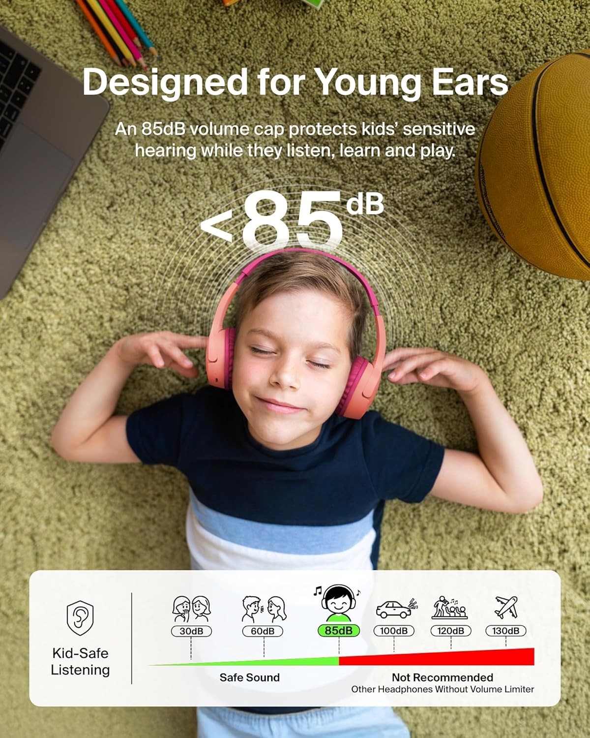 Belkin Wireless Kids Headphones, Volume Limited, 30H Fast Charge, School – Pink