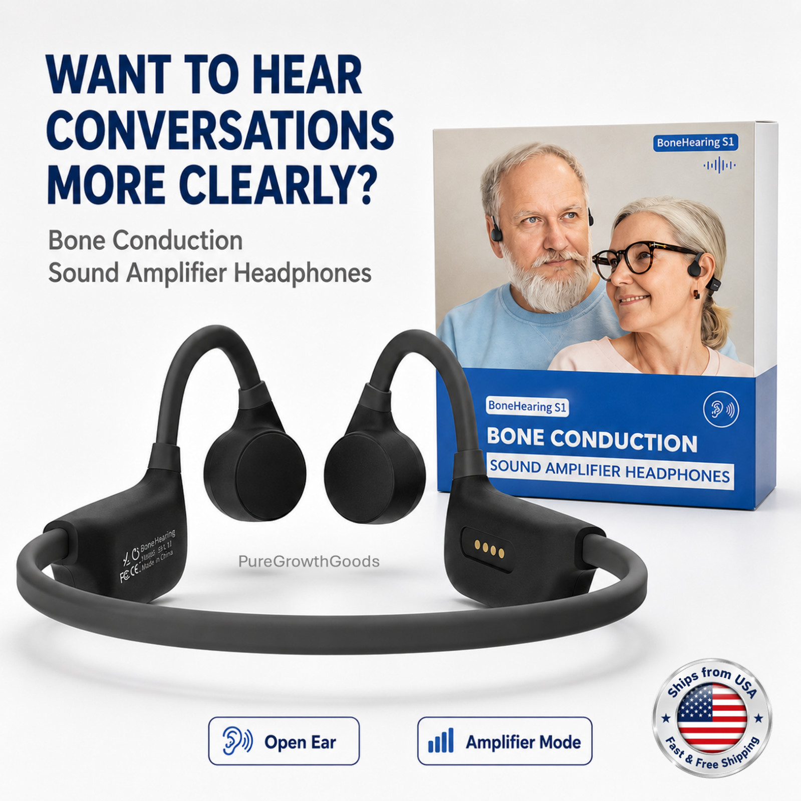 Bone Conduction Sound Amplifier Headphones Bluetooth Open Ear for Seniors
