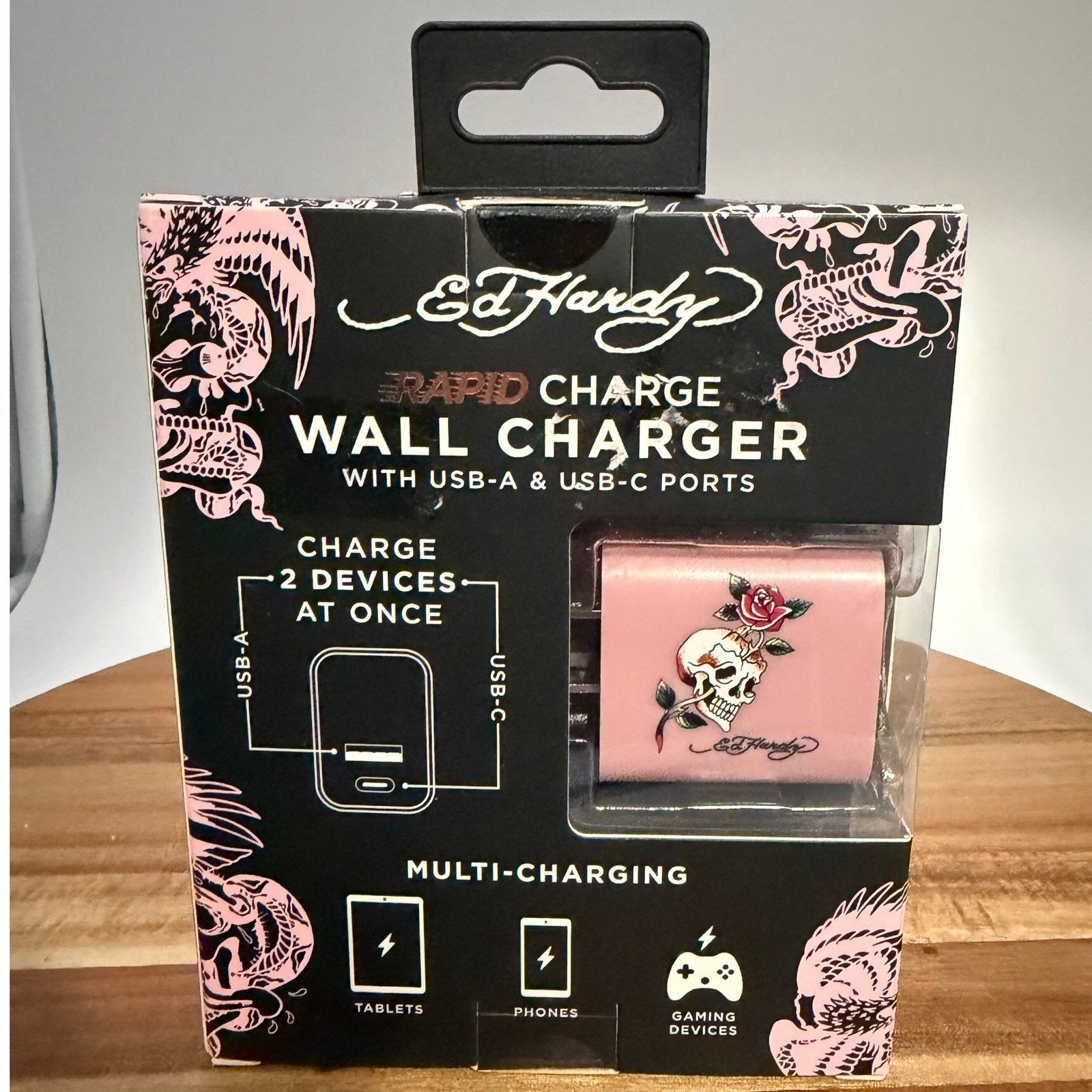 Ed Hardy Pink Wireless Headphones, Earbuds and 20W Wall Charger 3pc Bundle 0695