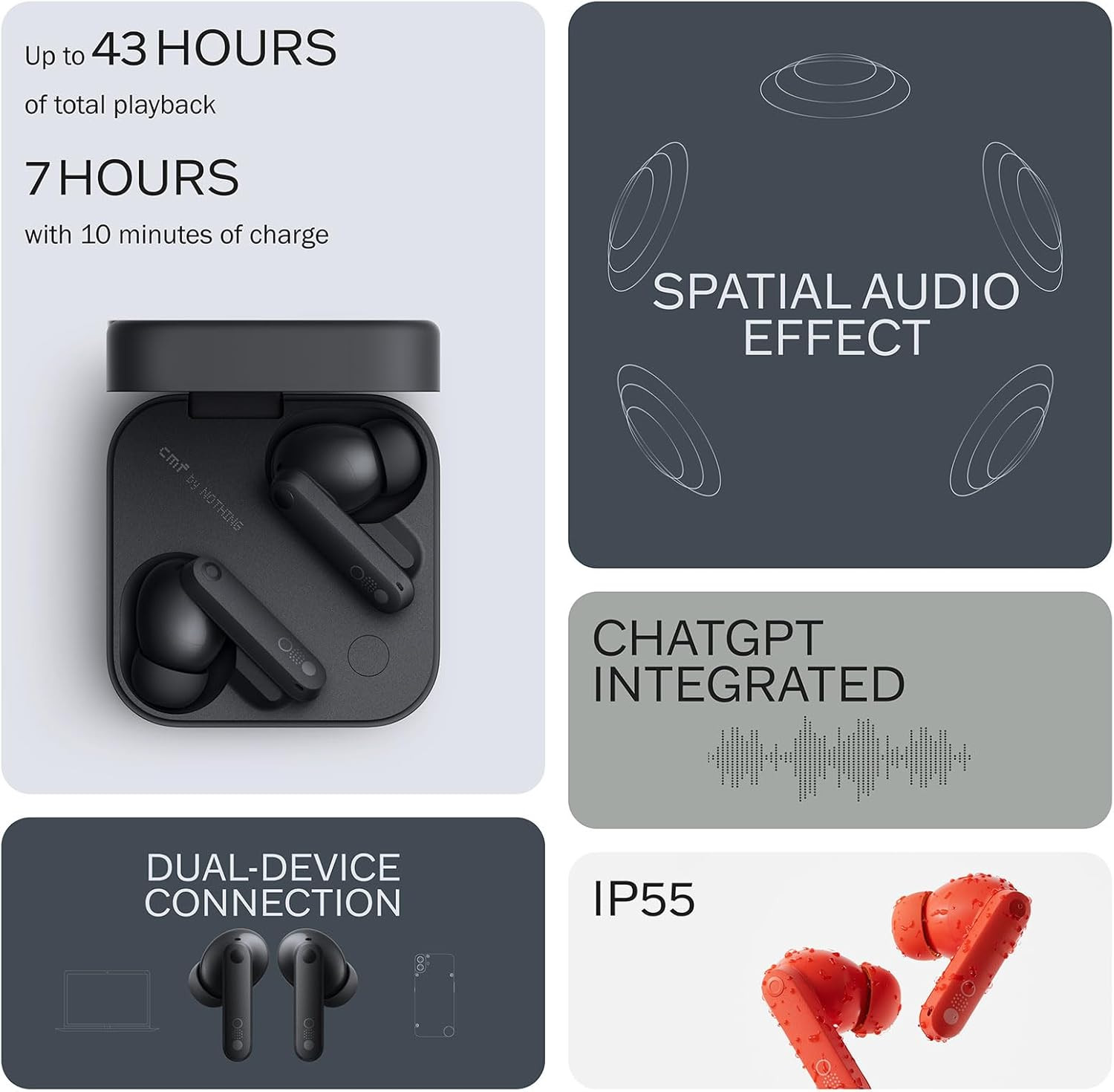 Auriculares Inalámbricos con Audio Hi-Res, LDAC, Cancelación Ruido 50 dB, 43H