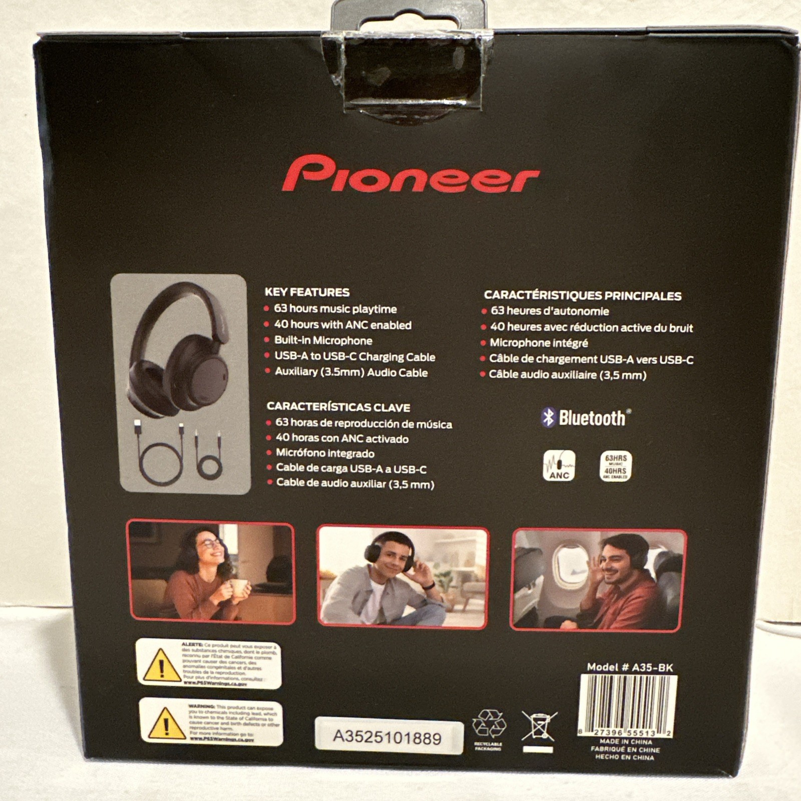 Pioneer A35-BK Bluetooth Headphones ANC USB-C Black Built-In Mic Over-Ear