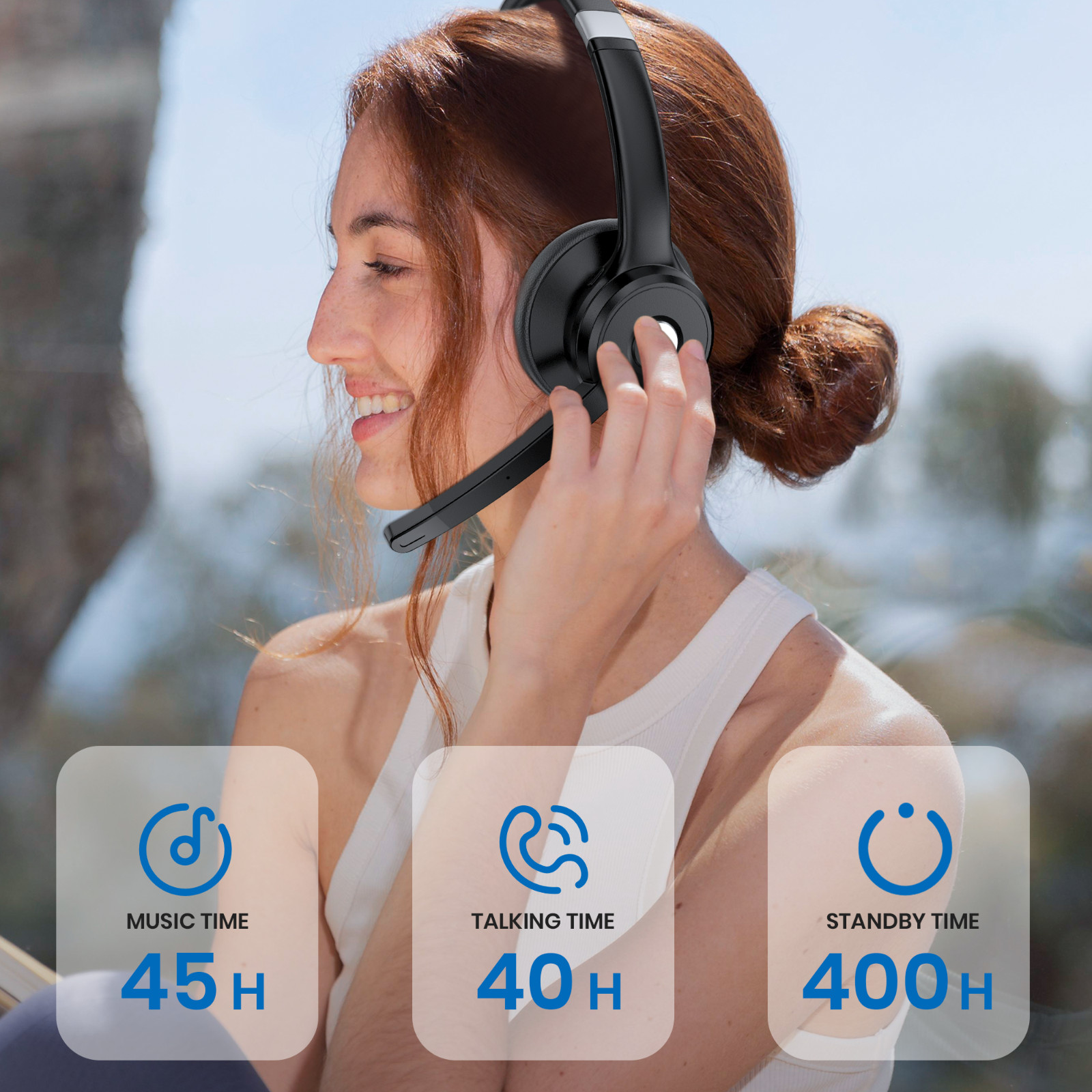 Wireless Bluetooth Headset w/ Mic Noise Cancellation For Phones PC Skype Meeting