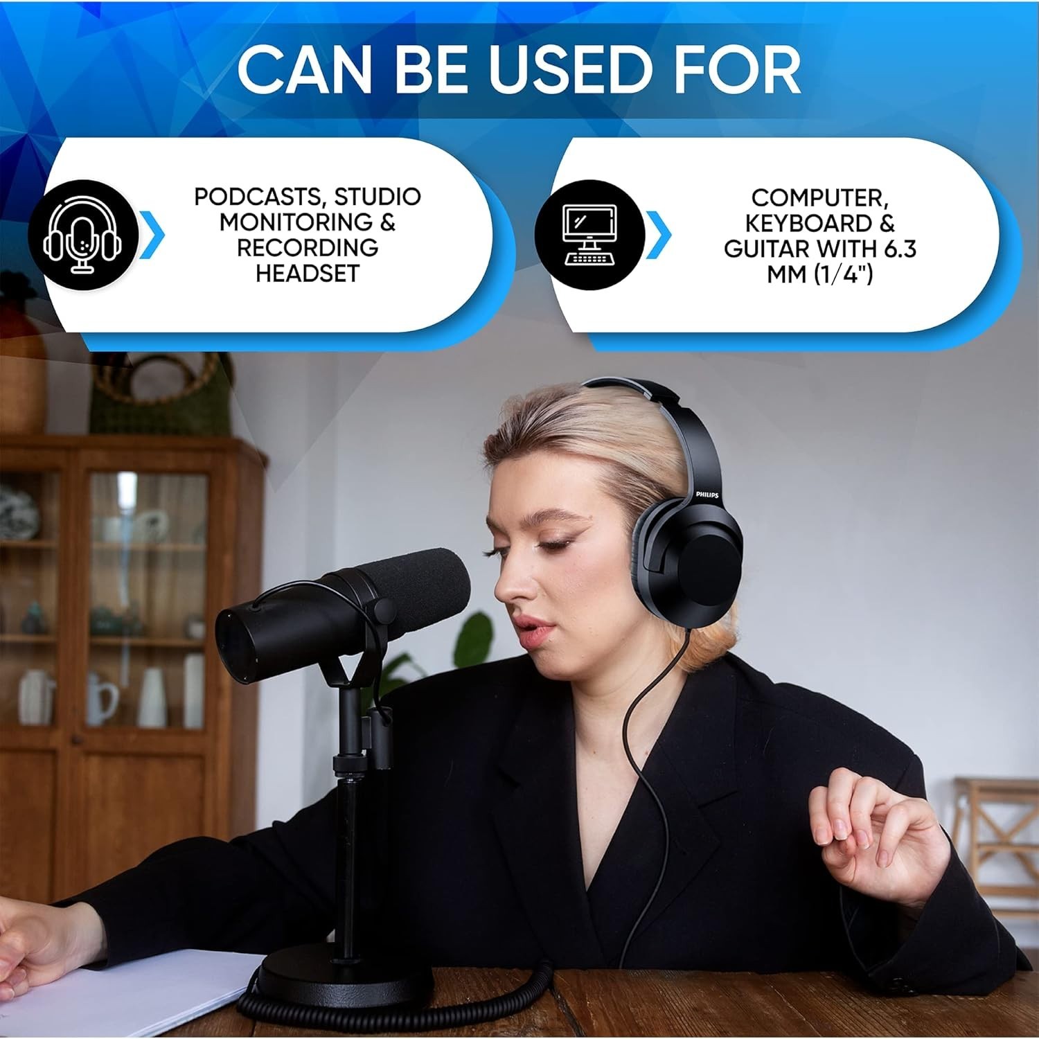 Philips Over-Ear Wired Stereo Headphones with 1/4″ Adapter for Studio & Podcast