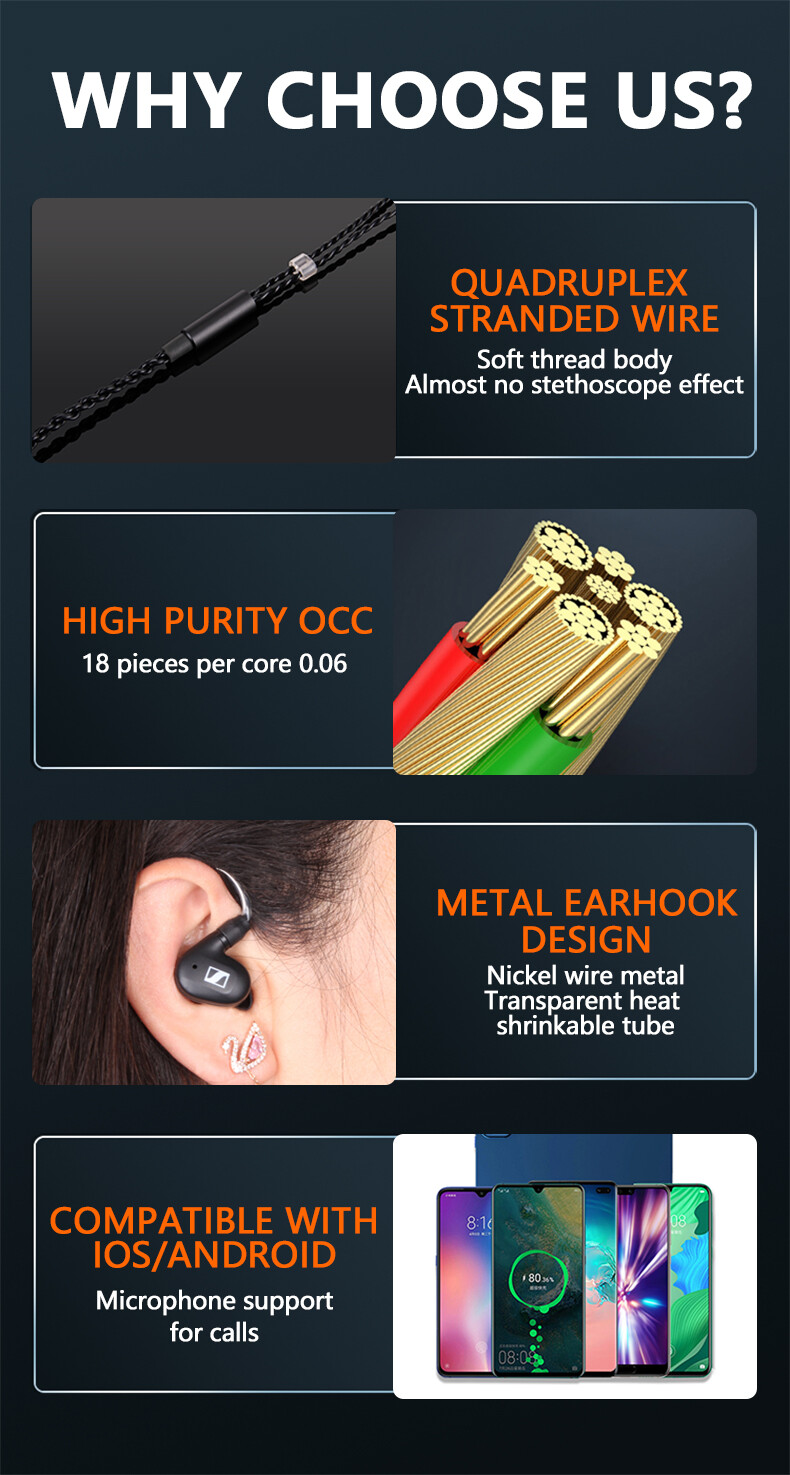 6N OCC HiFi Cable With Mic For TFZ UE18 JH13 JH16 W4R UM3X 1964 Ears Earphones