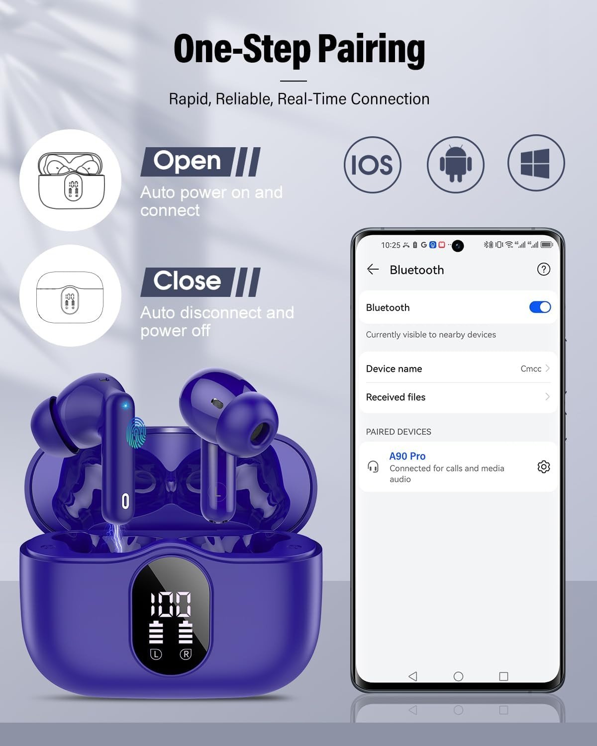 Wireless Earbuds, Bluetooth 5.4 Headphones Bass Stereo/Clear Call,Dark Blue | Ea