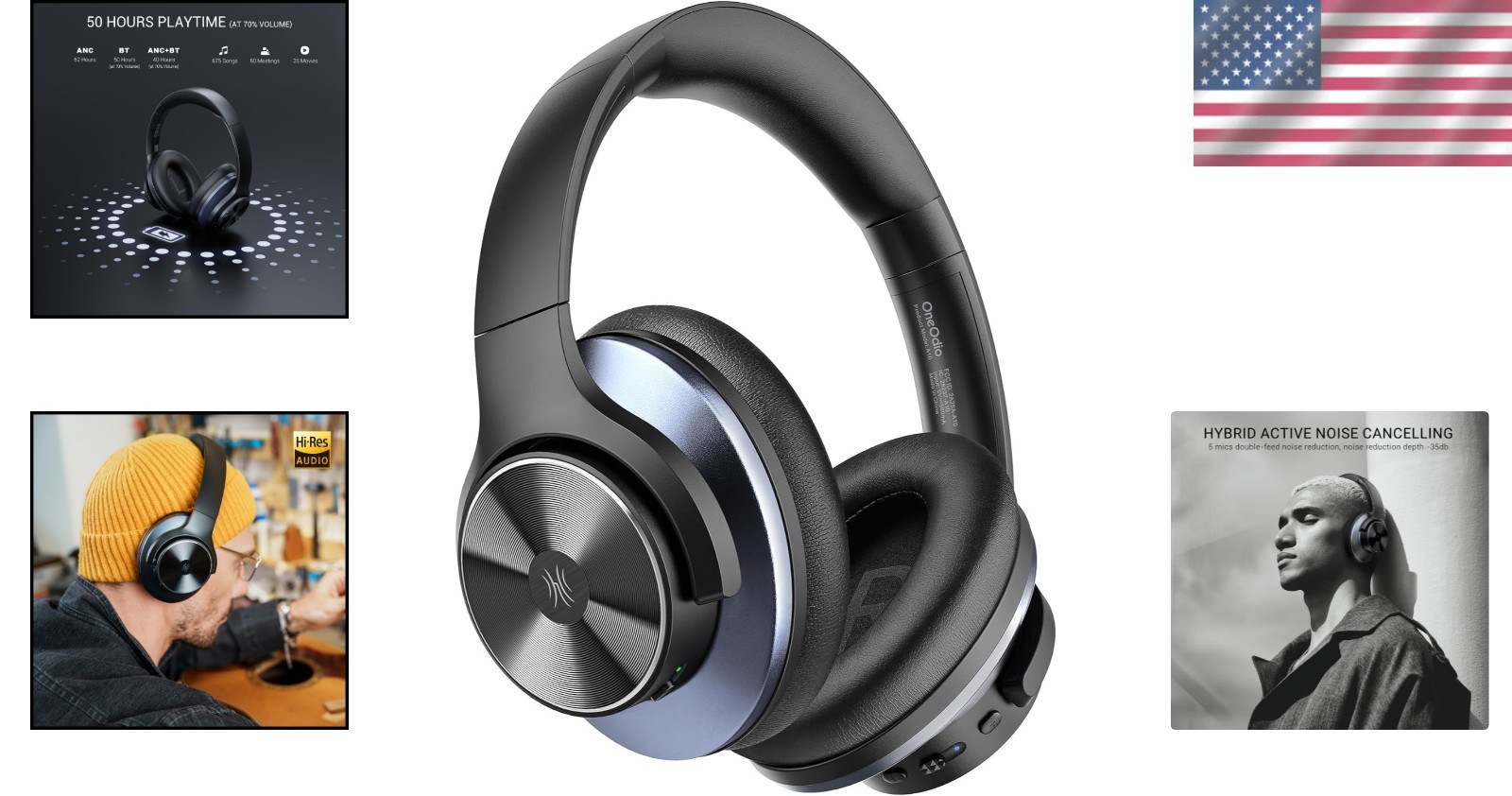 Oneodio A10 Headphones: 62H Hi-Res ANC Wireless Over-Ear, Fast Charge, Travel…
