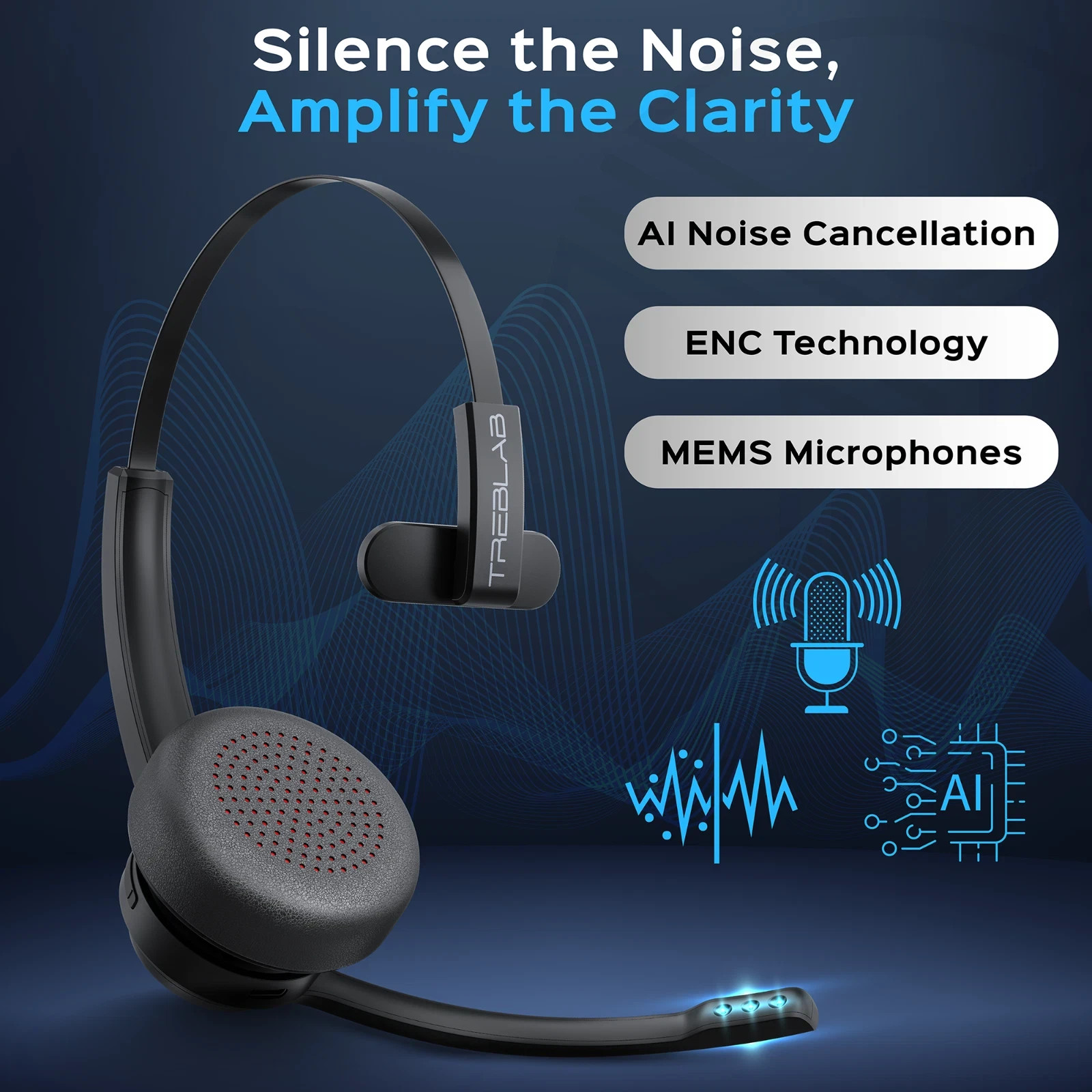 TREBLAB C7 – Single Ear Bluetooth Headset with Mic, 45H Playtime