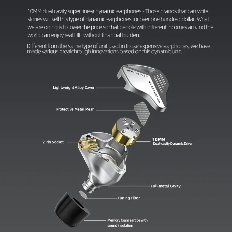 KZ ZVX Wired In-Ear Earphones Dynamic HiFi Bass Metal Earbuds w/ Mic