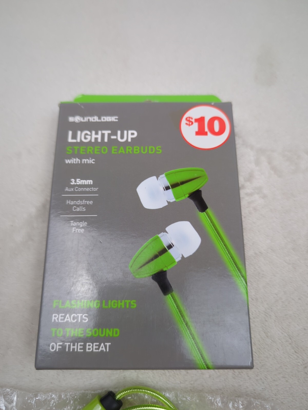 Green Soundlogic Light-Up Stereo Earbuds w/Mic Hands-free Calls Tangle Free 3.5