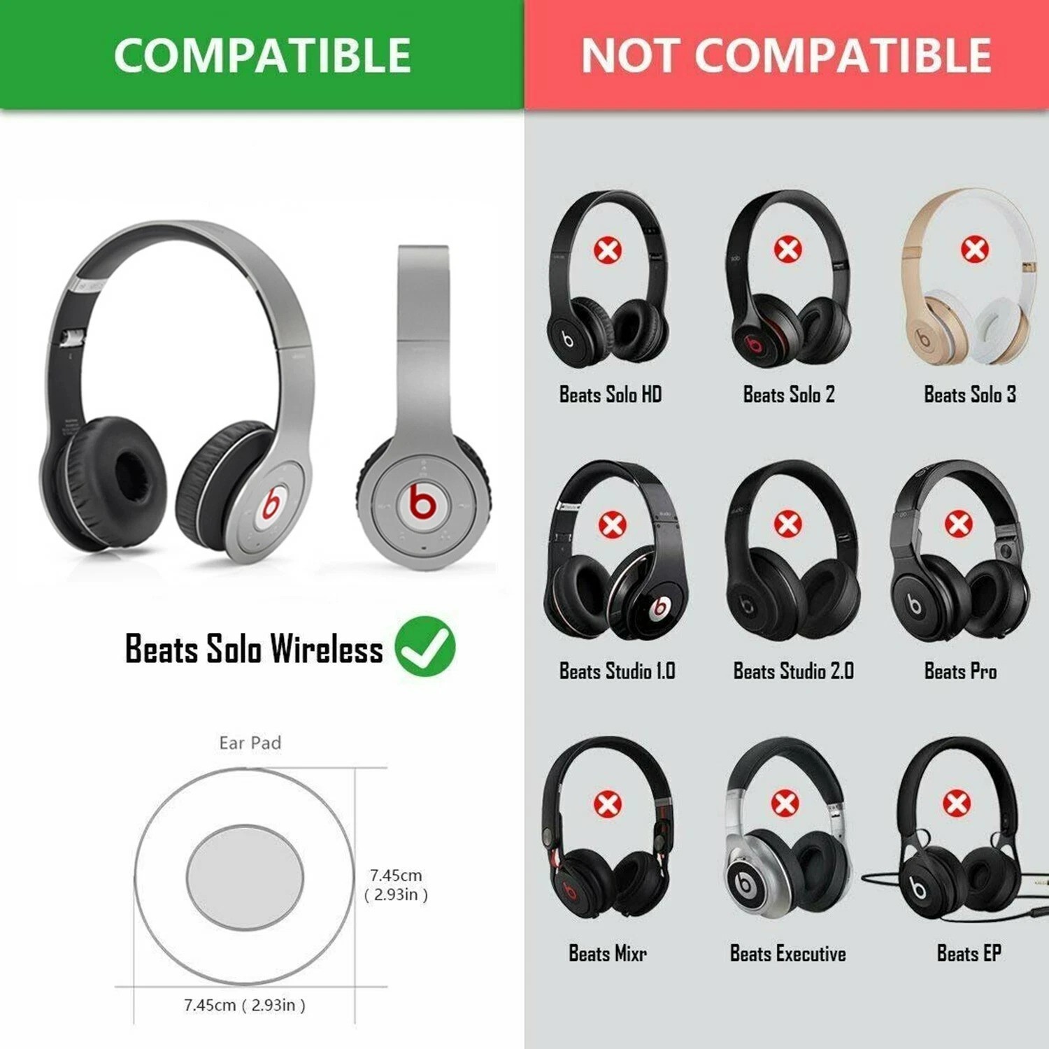 Black Ear Pads Cushion for Beats by Dr.Dre Solo1 Wireless Headphones Replacement