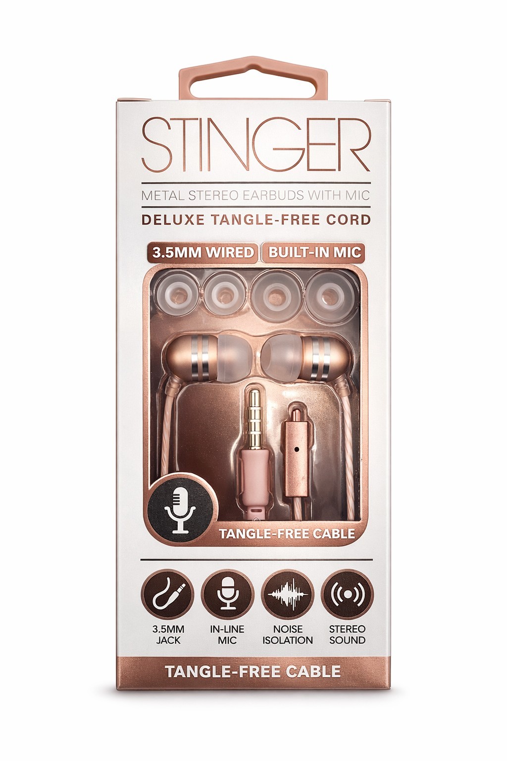 Stinger Metal Earbuds w/Mic 3.5mm Wired Headphones Tangle-Free Rose Gold