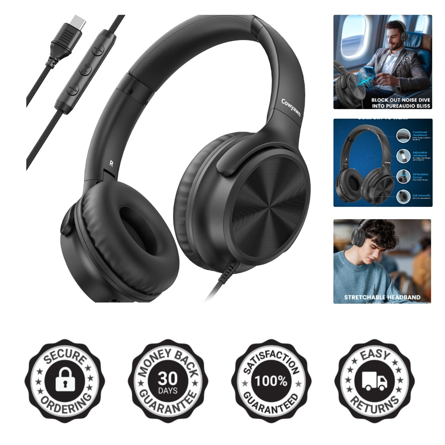 Lightweight USB C Over Ear Headphones with Noise Isolation – Perfect for Travel