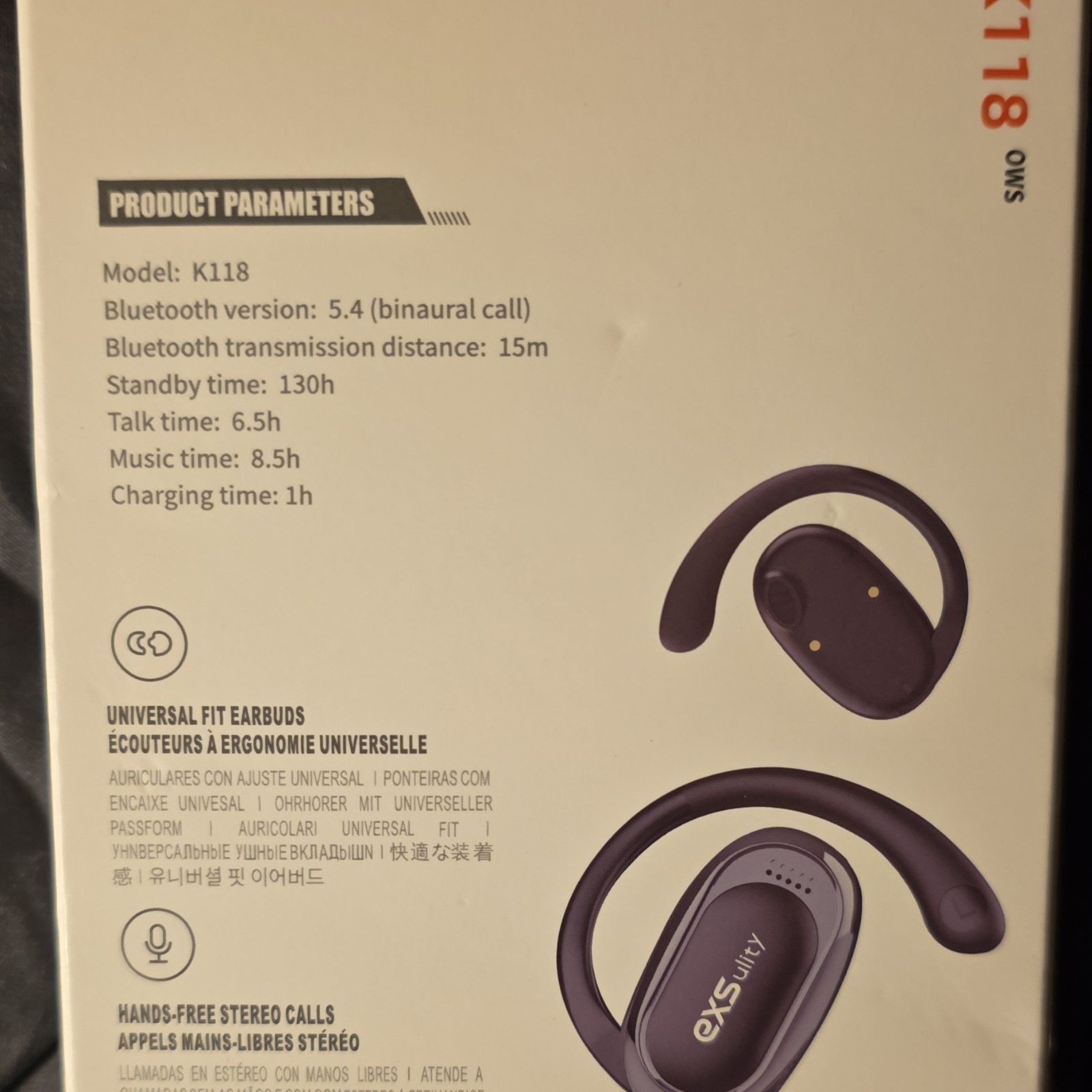 exsulity K118 Wireless Bluetooth Ear-hook Earbuds, Built-in Mic, Black