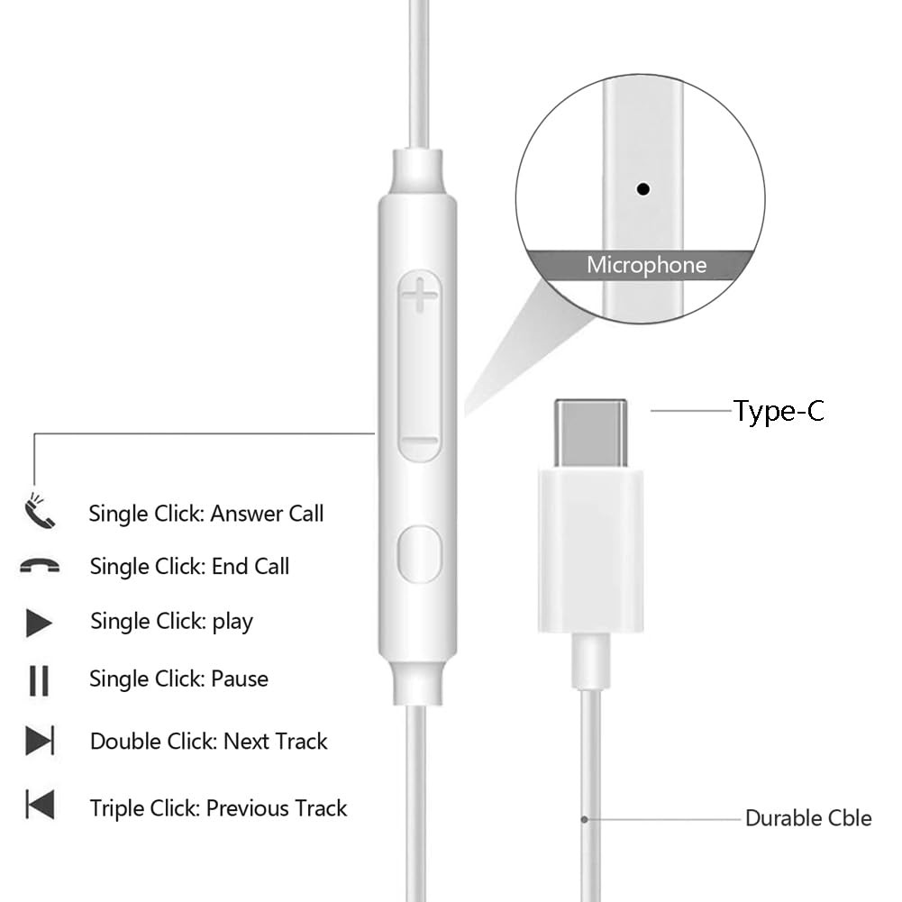 2 Pack USB C Headphones for iPhone 17 16 15 Pro Max Plus 2 Pack(White), White