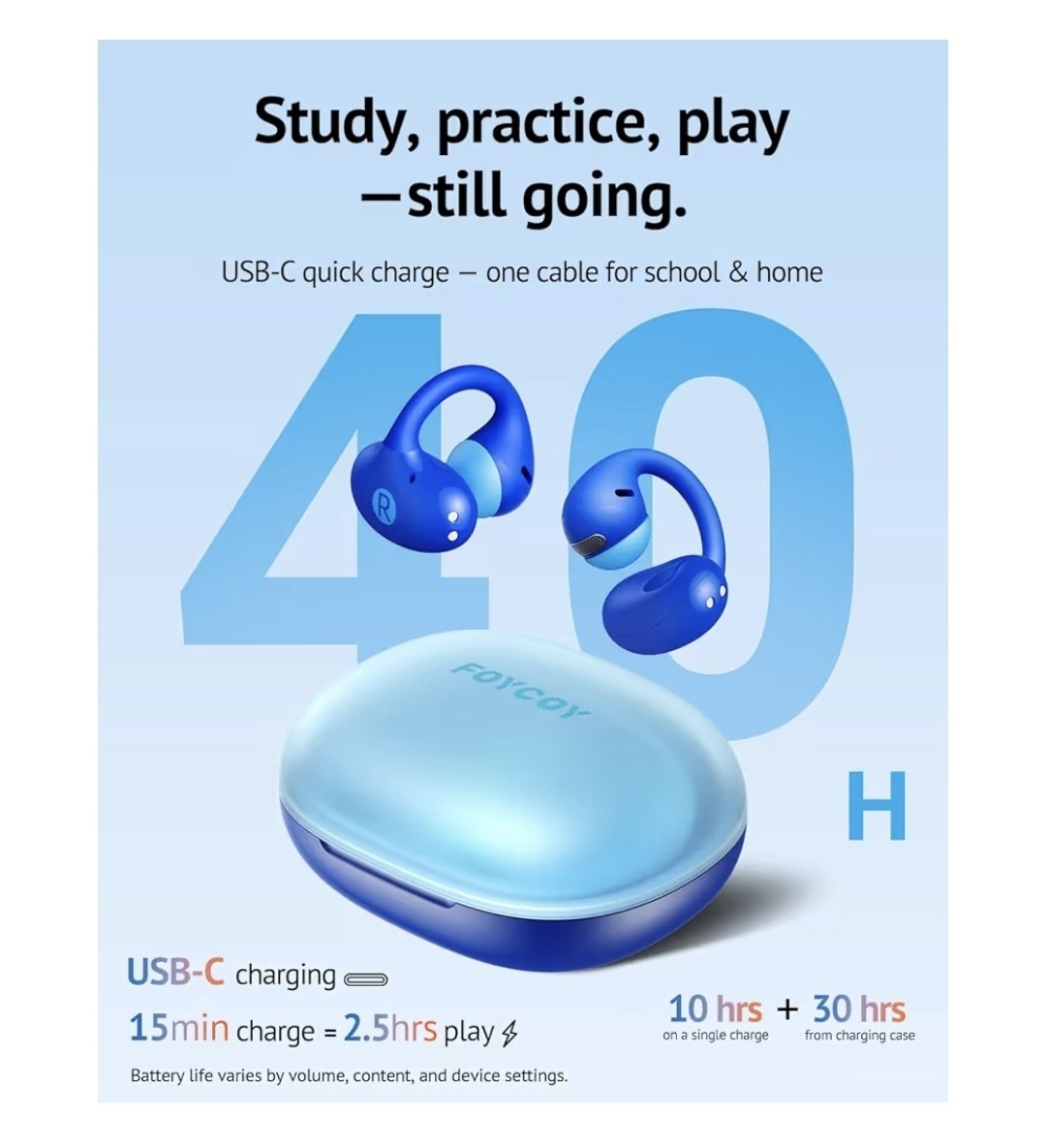 FOYCOY Open-Ear Kids Bluetooth 6.0 Earbuds ENC IPX5 USB-C Blue Case