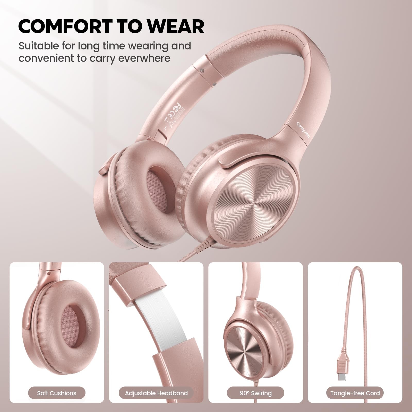 Cowyawn USB C Headphones Wired, Over Ear USB C Wired Headphones with Micropho