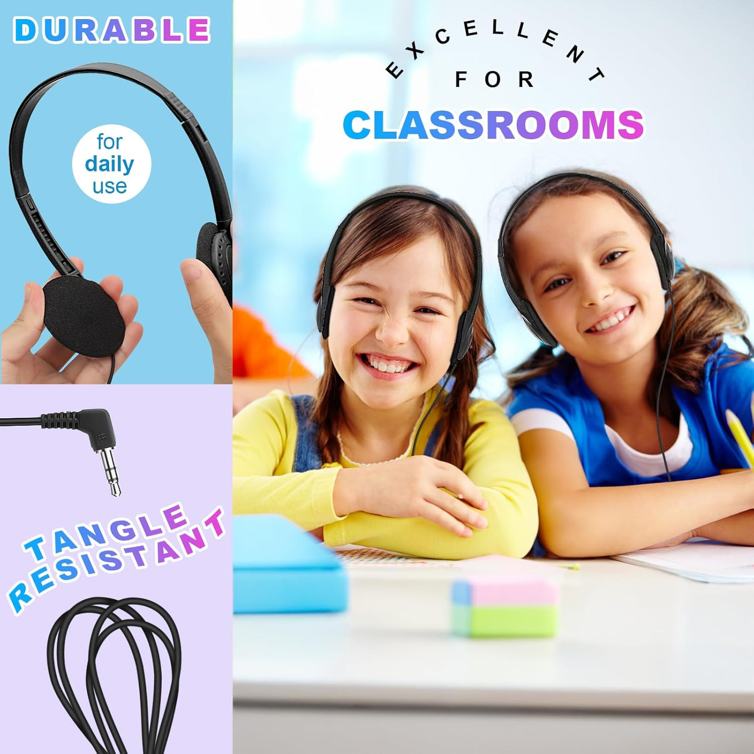 Bulk Headphones 50 Pack for Classroom School Kids, Wholesale Wired Adjustable on