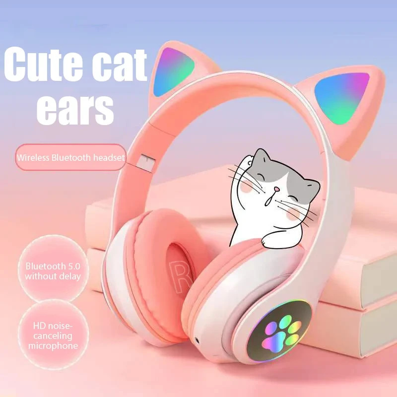 Cat Ear Bluetooth Wireless Headphone LED Mic Stereo Headset Kids Girls RGB Gift