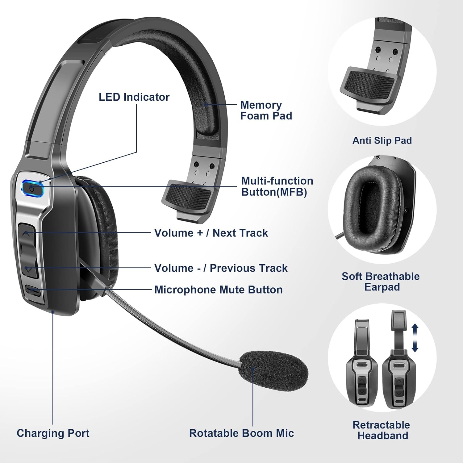 Trucker Bluetooth Headset, V5.2 Wireless Headset with Upgraded Black