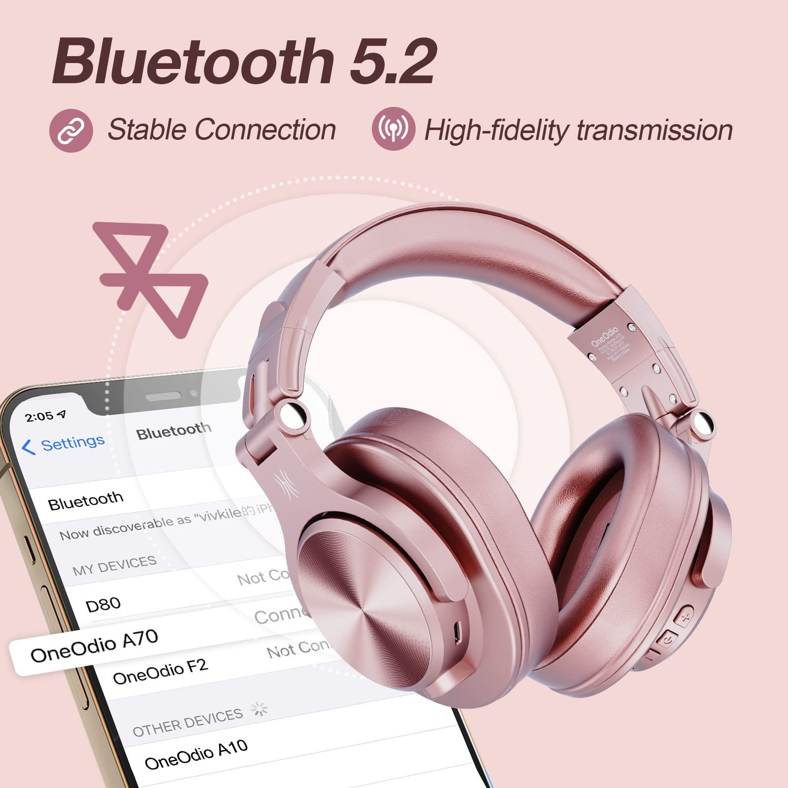 OneOdio A70 Wireless Bluetooth Over~Ear Headphones, 72H Playtime, Rose Gold