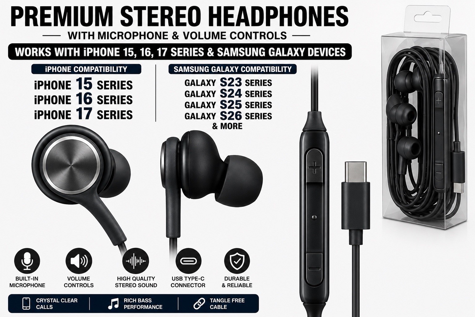 USB-C Wired Headphone With Mic Volume Control For iPhone 17-16-15 Series