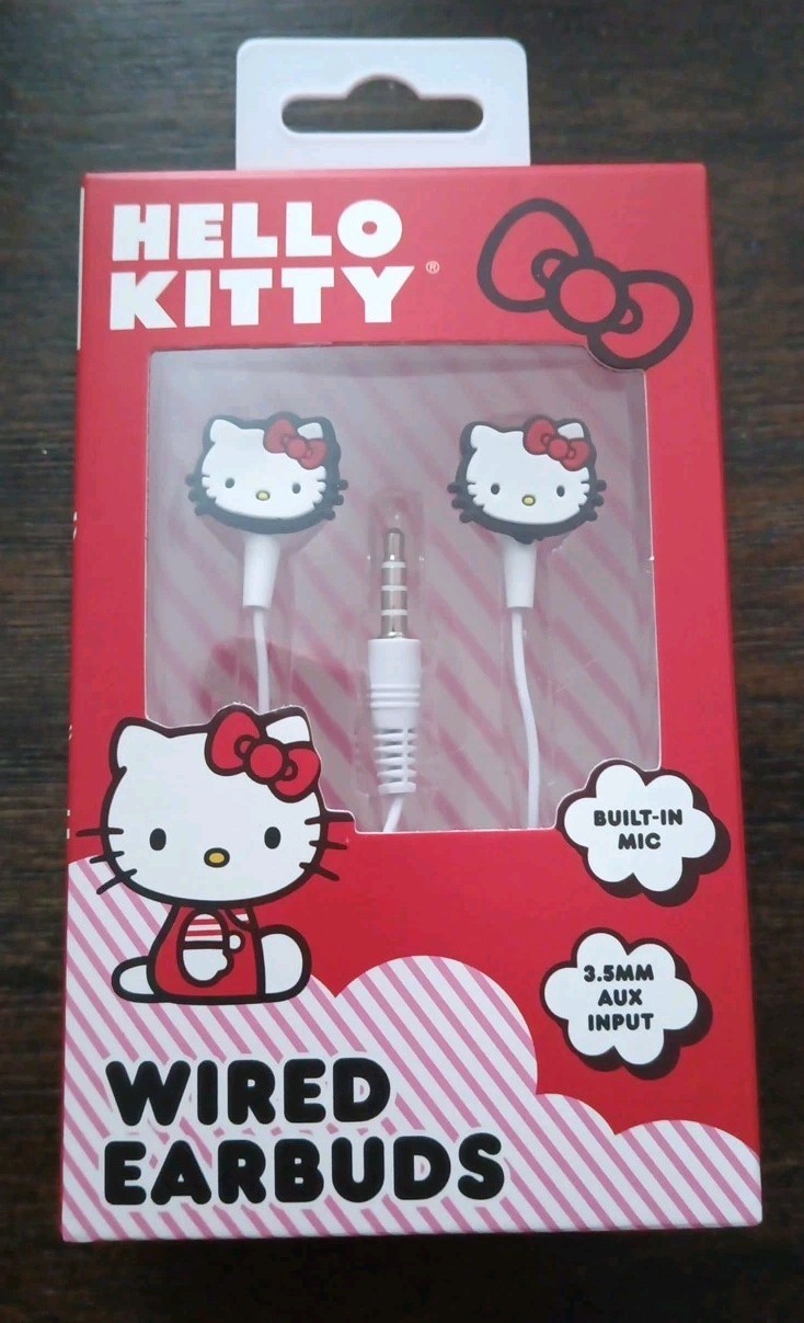 Hello Kitty Wired Earbuds w/Built-In Microphone – 3.5mm Input – New