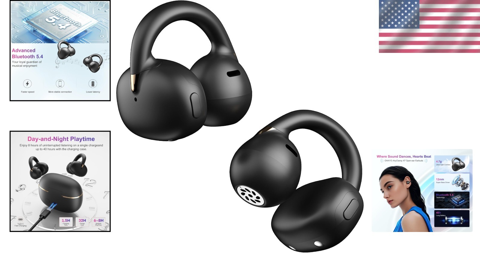 A7 Open Ear Clip-On Headphones for Glasses Wearers – Bluetooth 5.4, 40H Battery
