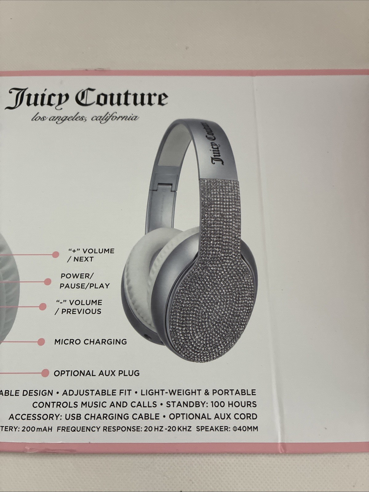 New Juicy Couture Bling Silver Grey Rhinestone Wireless Headphones