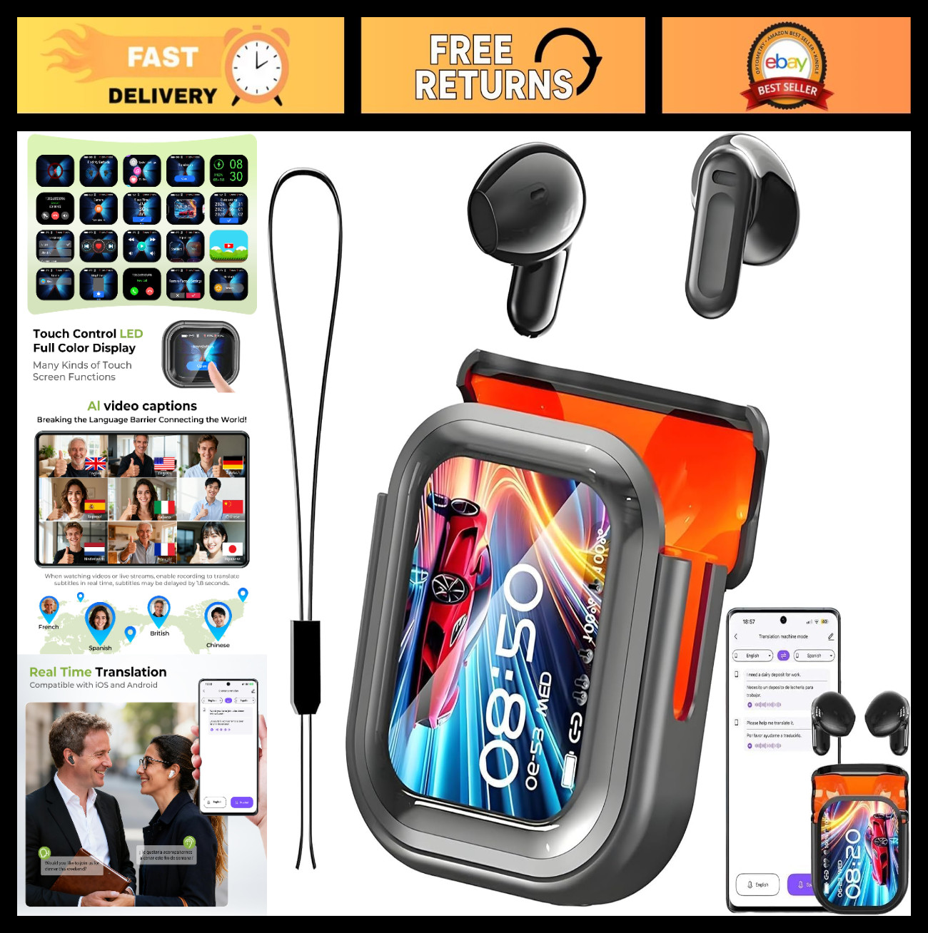 AI Translation Earbuds with LCD Touch Screen, Real-Time Language Translator, 135