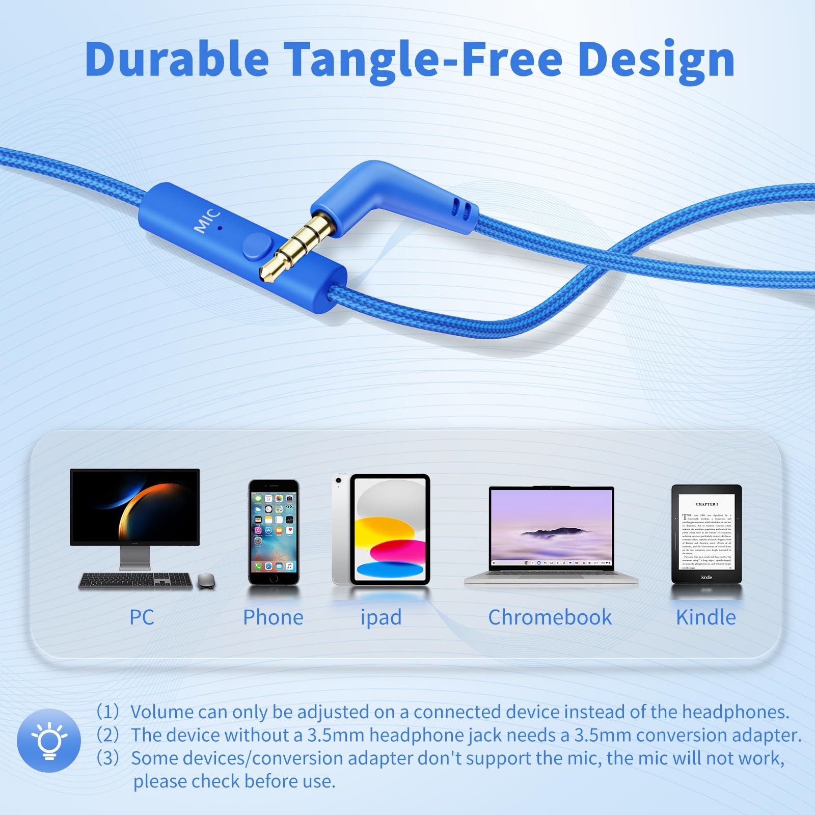 Wired Headphones Over Ear Microphone 3.5mm Jack 4.9ft Nylon Cord Blue