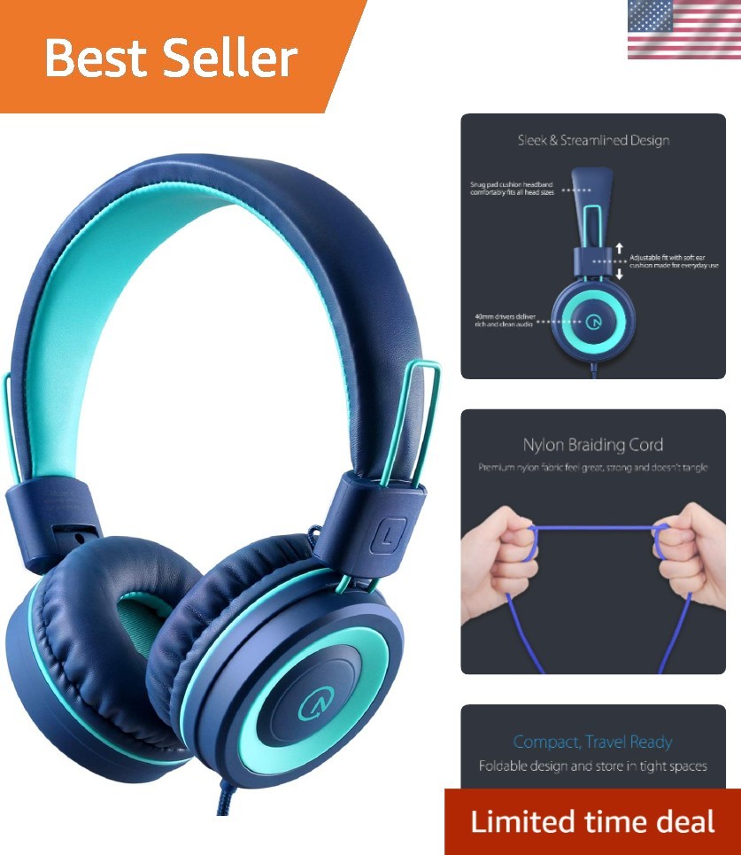 Stylish Navy/Teal Foldable Headphones for Kids – Perfect for School & Airplane