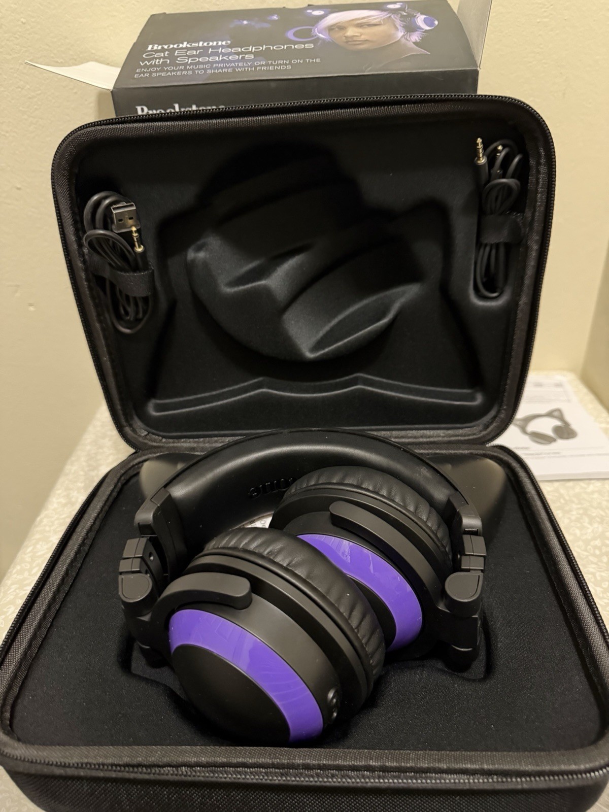 Brookstone Purple Black Cat Ear Headphones w/ Storage Case and Micro USB Cable