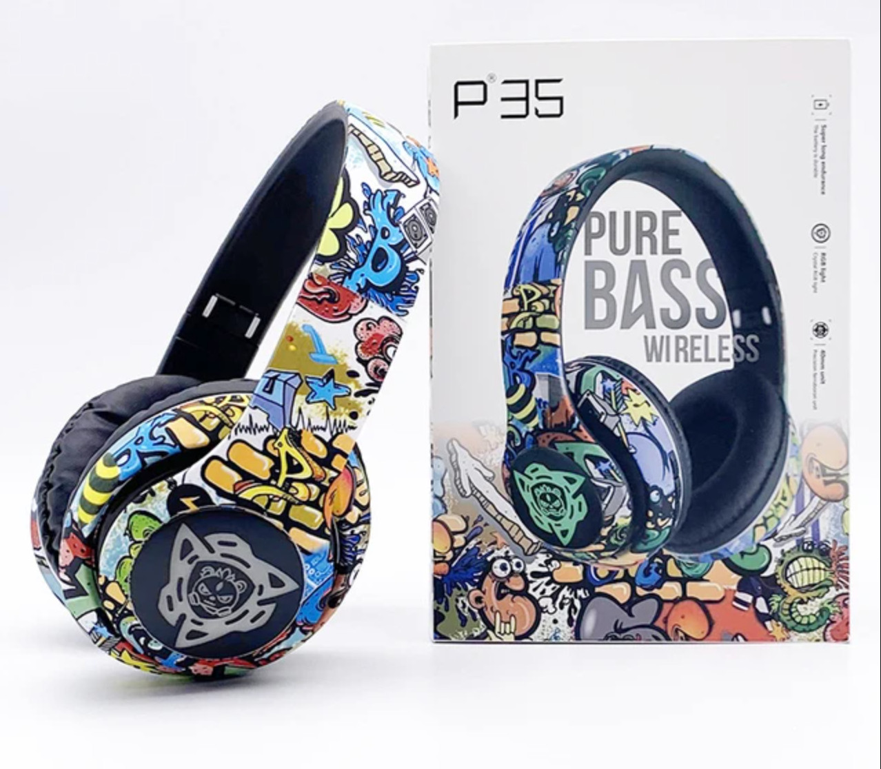 PURE BASS WIRELESS BLUETOOTH P35 HEADPHONES: HIP GRAFFITI STYLE IN ABSTRACT