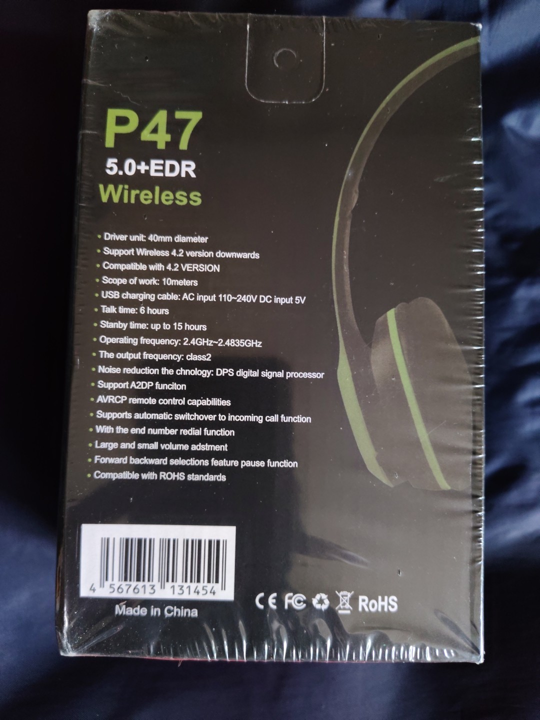 P47 Wireless Over Ear 5.0+EDR Headphones Blue Or Green -New