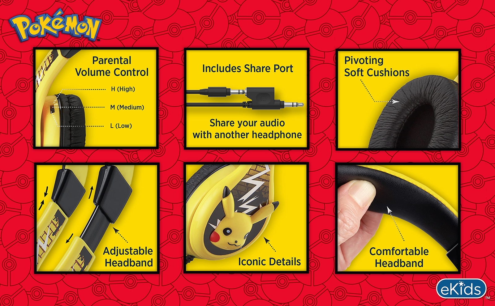 Pikachu Kids Headphones with Volume Control Adjustable Fit for School and Travel