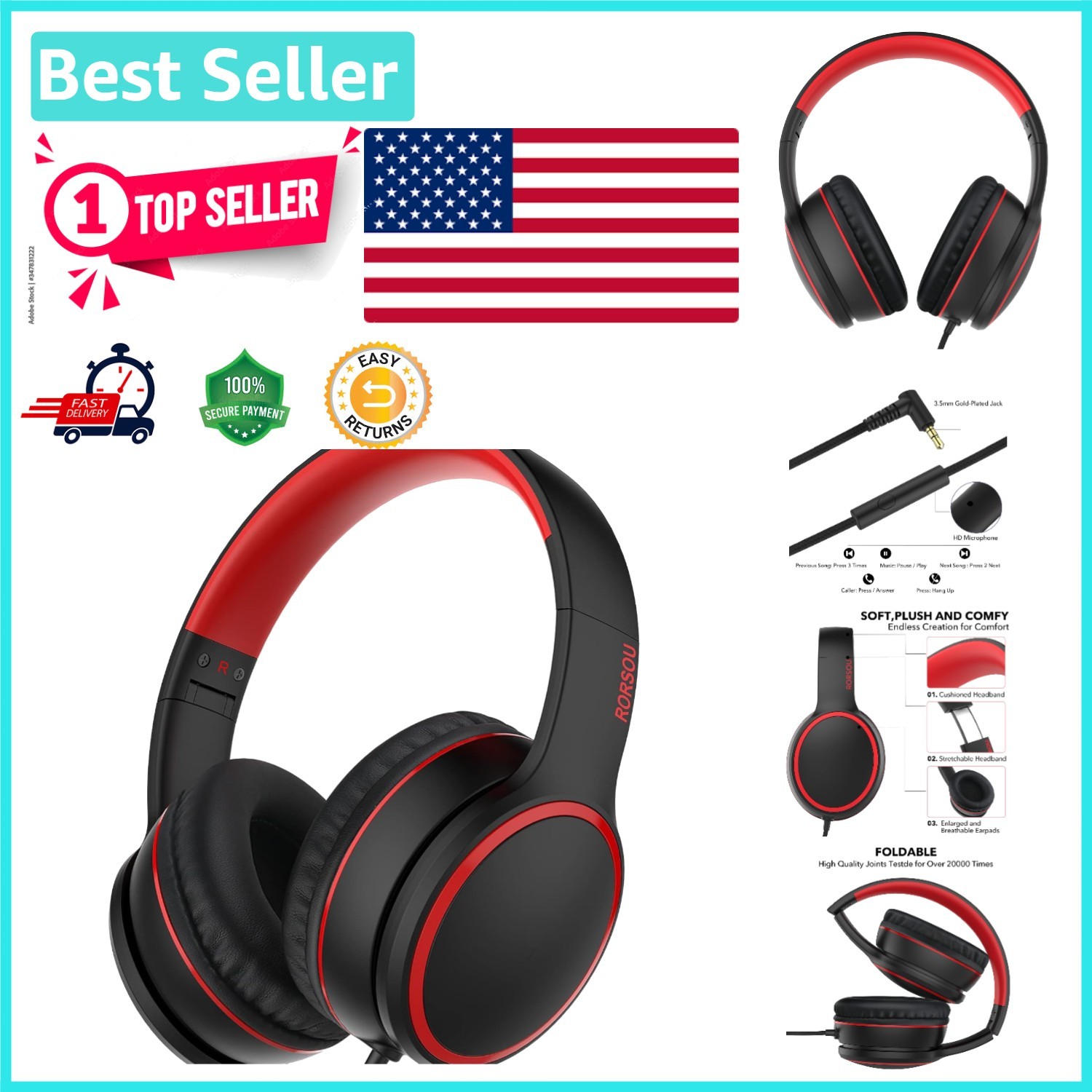 R10 Over-Ear Child & Adult Headphones: Lightweight, Folding, Hi-Fi Stereo Sound