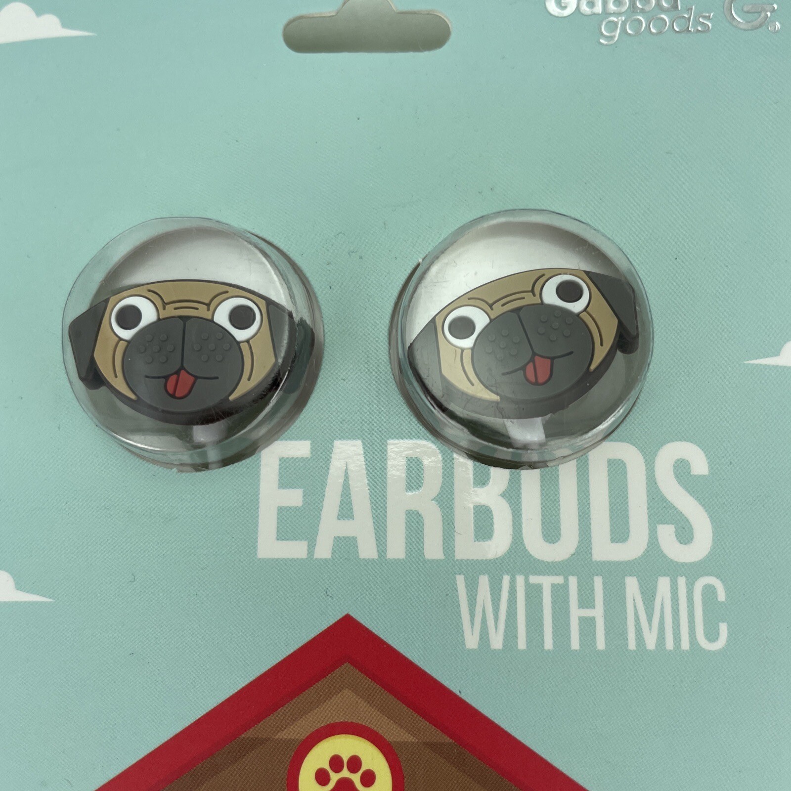 Gabba Goods Pug Dog Earbuds Headphones with Mic, White Cable NEW Sealed