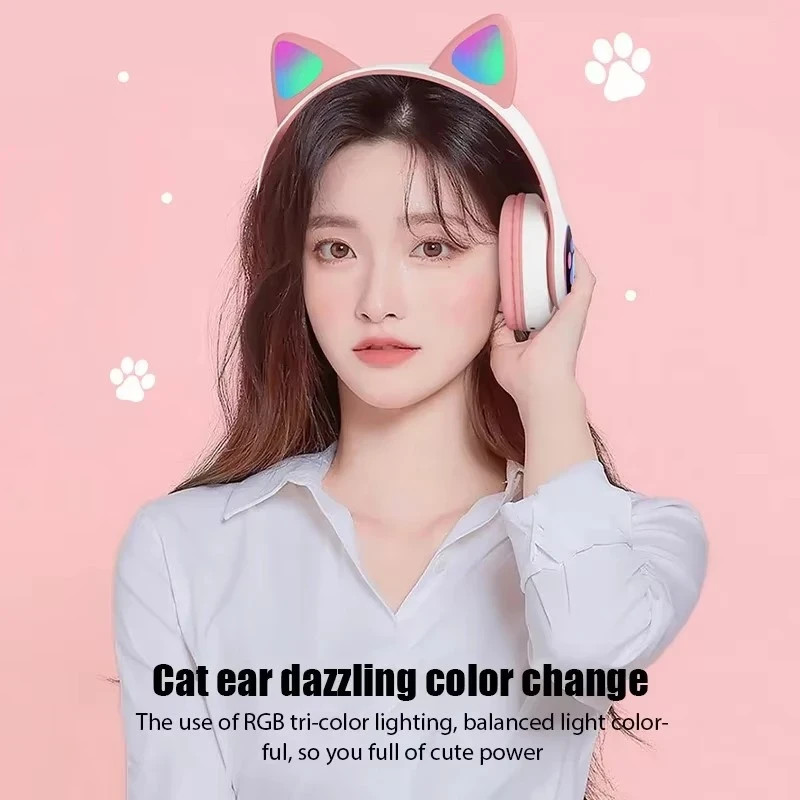 Cat Ear Bluetooth Wireless Headphone LED Mic Stereo Headset Kids Girls RGB Gift