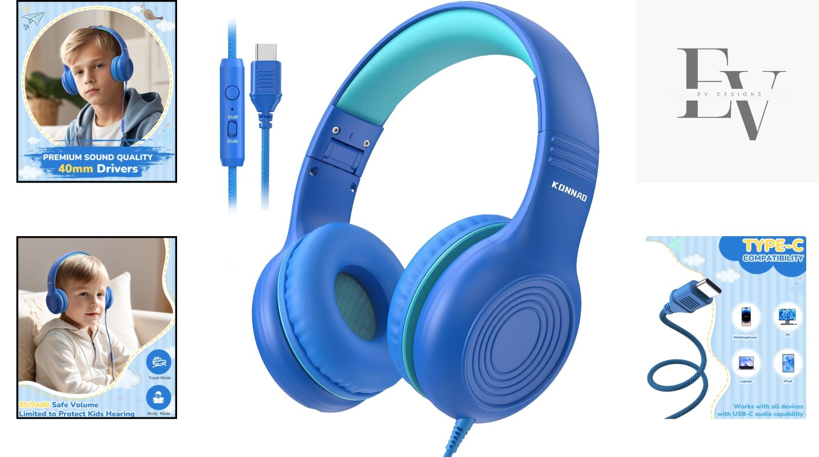 Lightweight USB-C Kids Headphones | Foldable with Microphone & Sound Isolation
