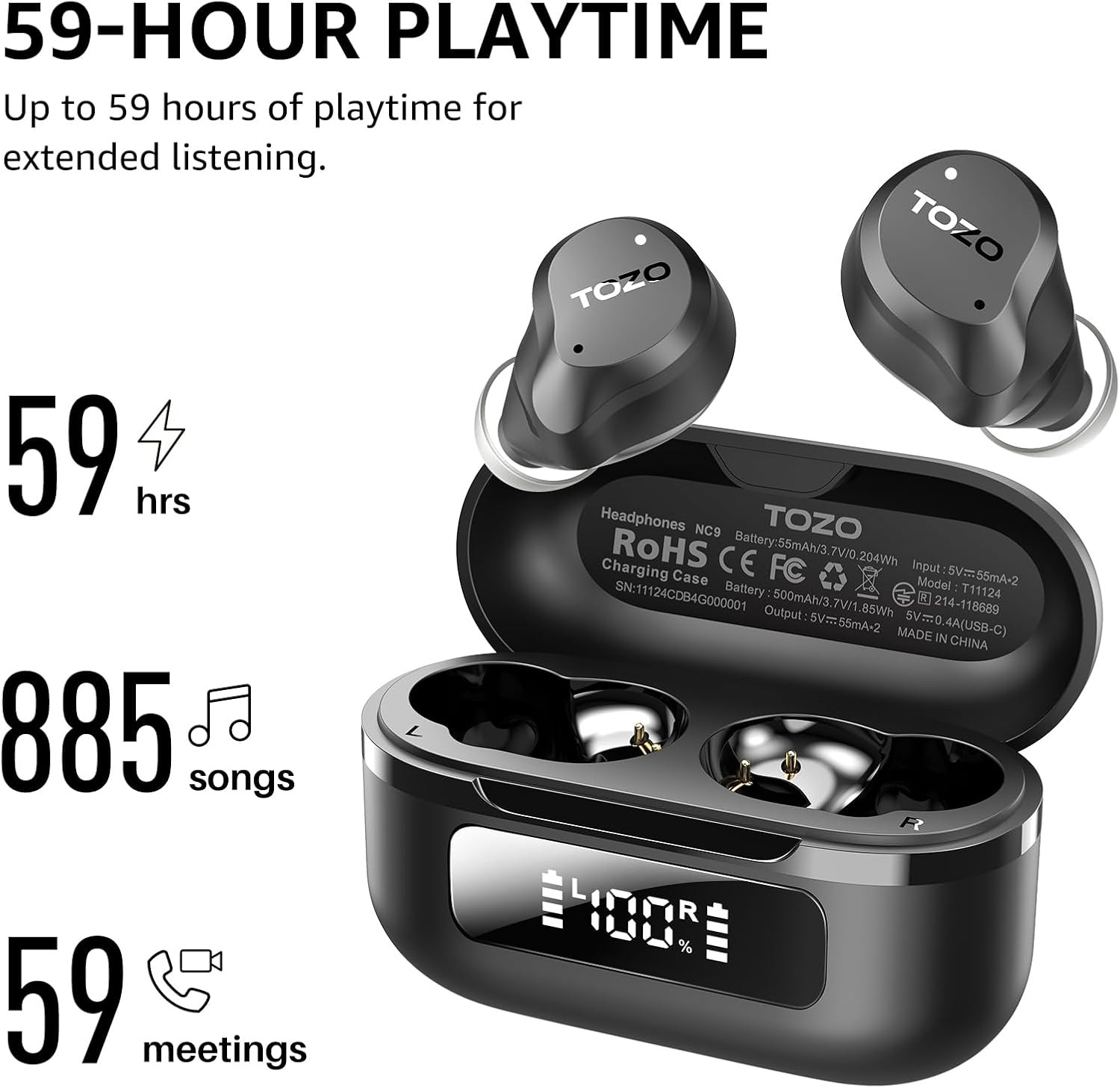 TOZO NC9 Hybrid Active Noise Cancelling Wireless Earbuds, 6 Mics Dark Black