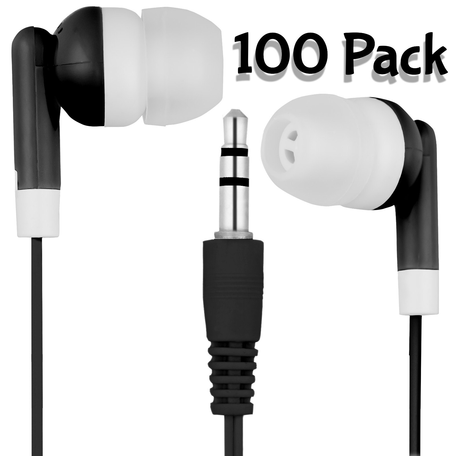 Pack of 100 Black/White Classroom Headphones / Earbuds – Individually Bagged