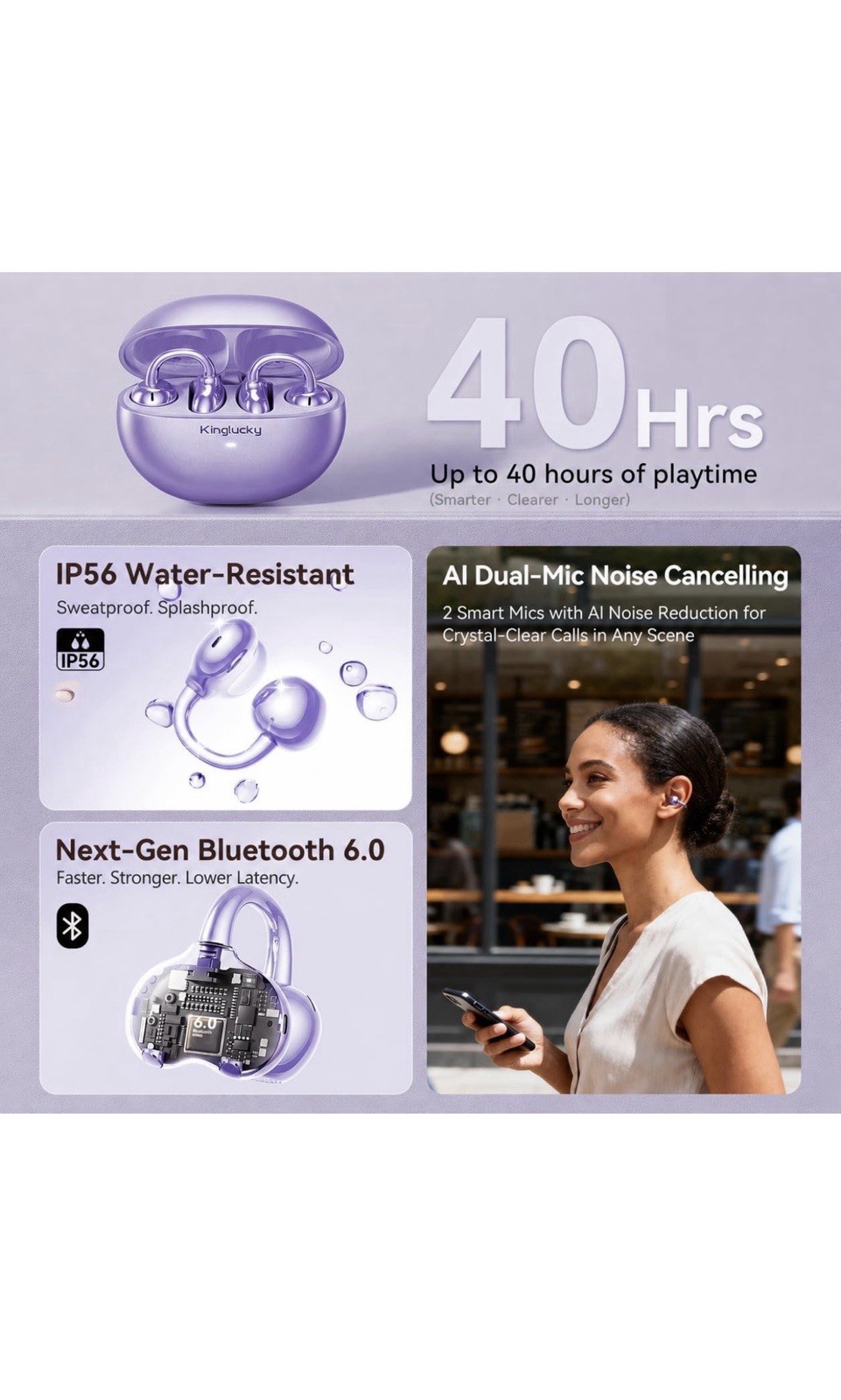Upgraded Clip-On Earbuds Comfortable fit & Crystal-clear Sound, 40H Playtime …