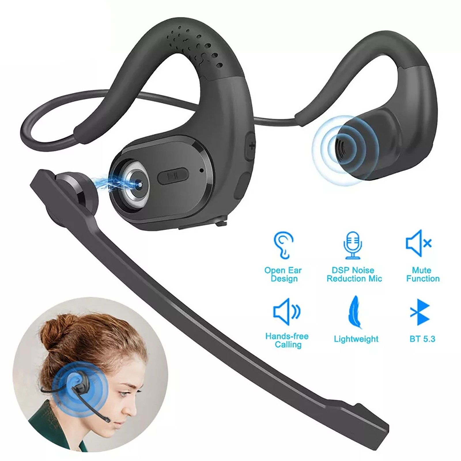 Air Conduction Bluetooth 5.3 Wireless Stereo Sound Headphones Detachable Mic