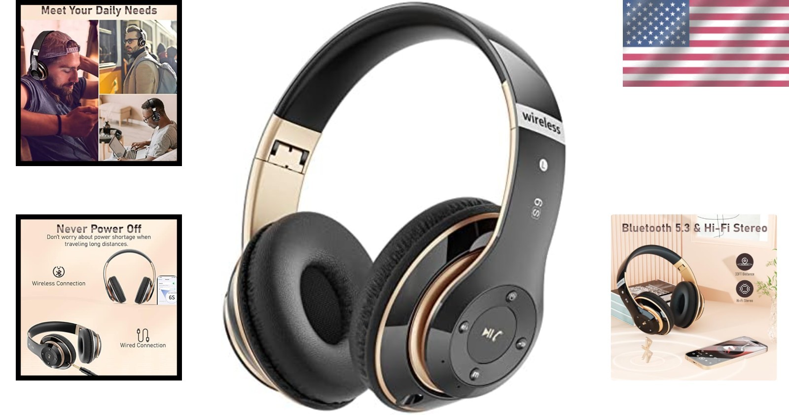 Luxury Black & Gold Over-Ear Bluetooth Headphones, 40 Hours Wireless Playtime