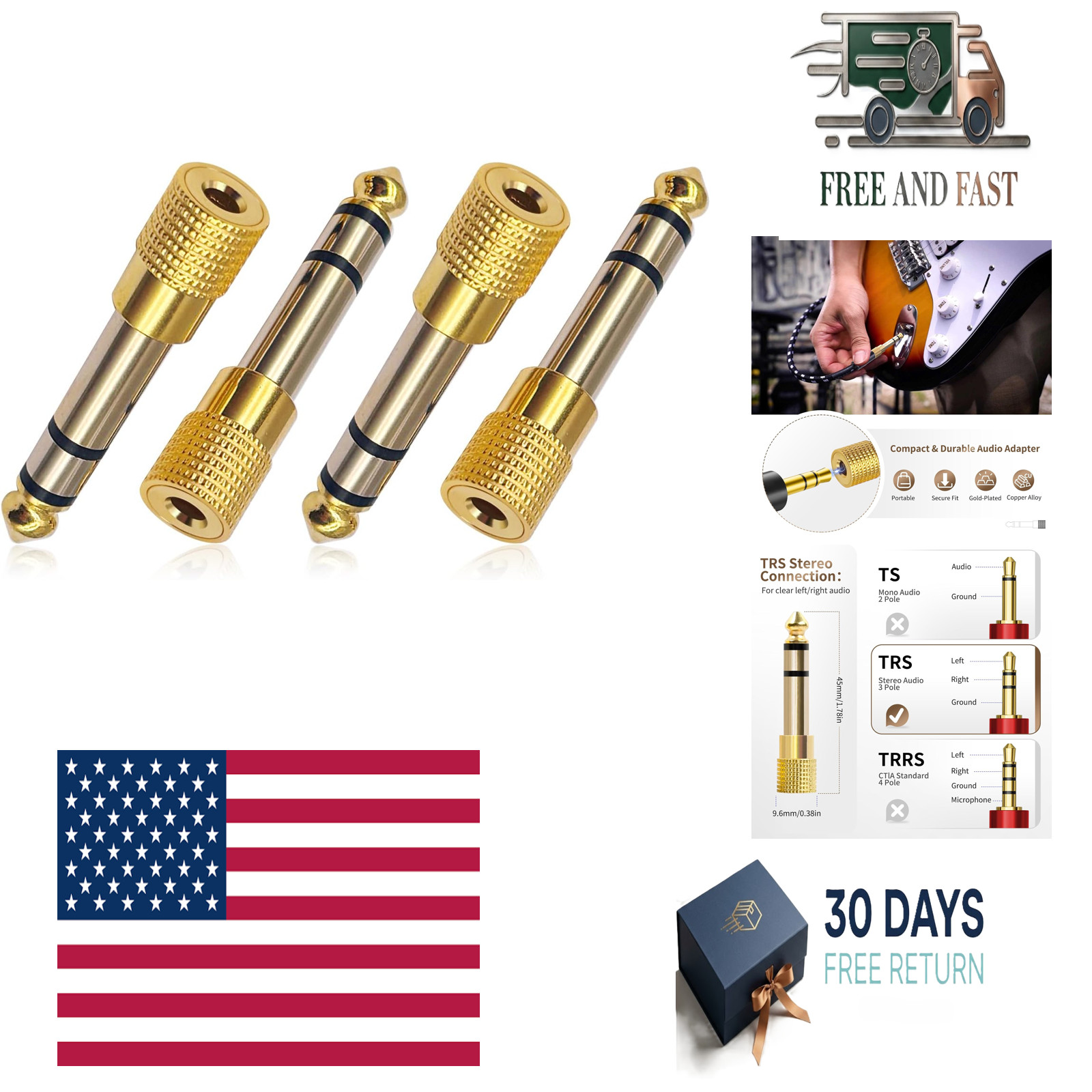 6.35mm to 3.5mm Stereo Adapter, 1/4 to 1/8 Audio, 4 Pack | Bulk pack of 1/4 male