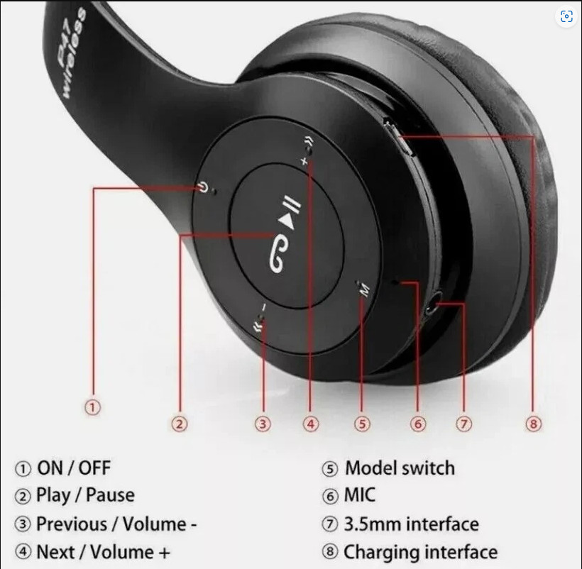 Comfortable Wireless Foldable Headset High -Quality Sound white P47 Headphone US