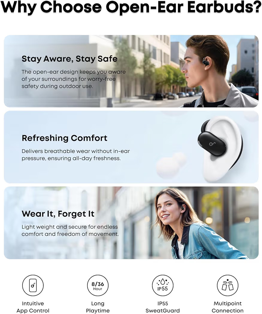 Soundcore V20i by Anker Open-Ear Headphones, Adjustable Ear Hooks, Ultra-Comfort