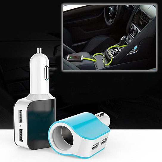 Color: Blue – Twin Ports 3 In 1 USB Car Charger Black and White