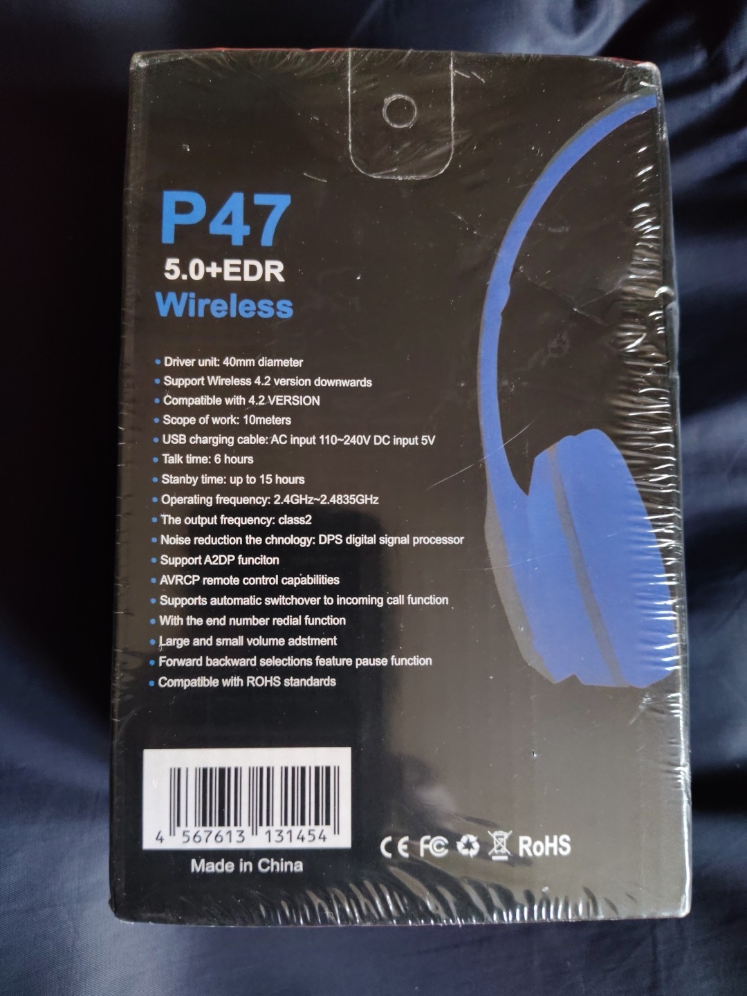 P47 Wireless Over Ear 5.0+EDR Headphones Blue Or Green -New