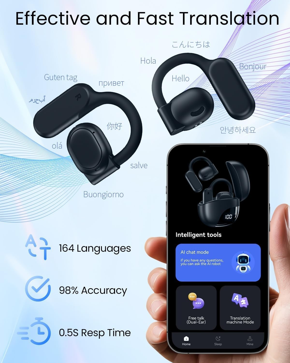 AI Translation Earbuds Real Time 164 Languages 80H Playtime Translator Ear Bu…